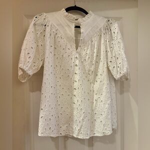 White Eyelet Blouse with Pintuck Detailing: Short Sleeved V-neck Top